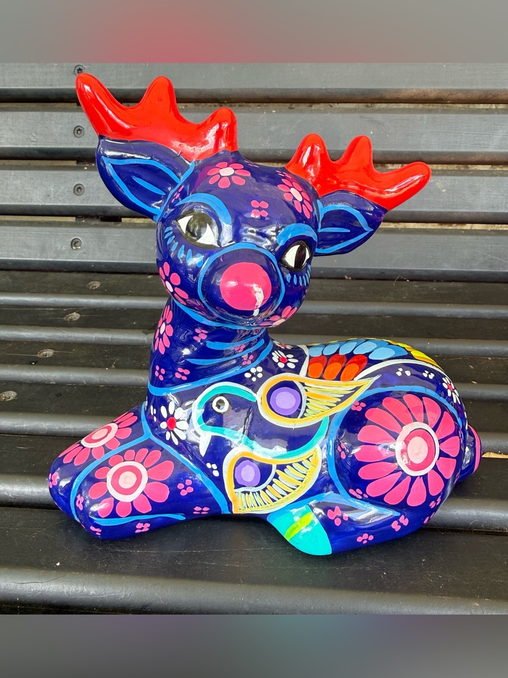 Talavara Hand-Painted Mexican Pottery Blue Deer Figurine ~7 in